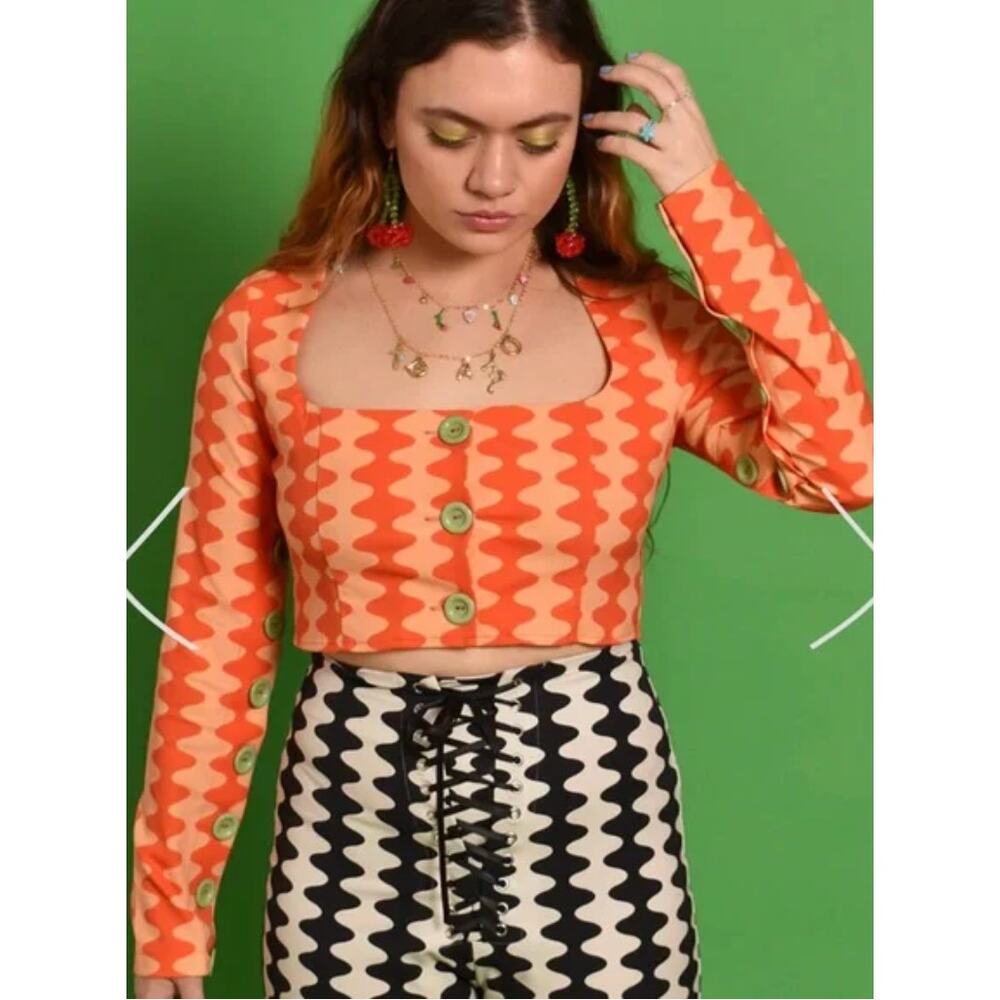 Tyler McGillivary Samara Orange Wave Print Cropped Button Top Size Medium
